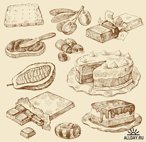 Рисунки тортов и пирожных - Векторный клипарт | Sweet Hand drawn - Stock Vectors