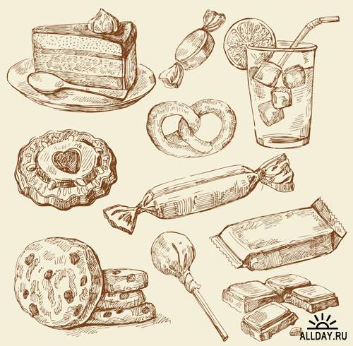 Рисунки тортов и пирожных - Векторный клипарт | Sweet Hand drawn - Stock Vectors