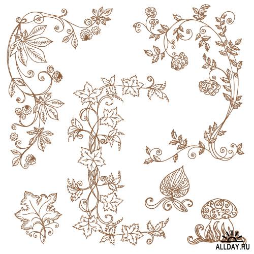 Set of decorative autumnal branches and flowers