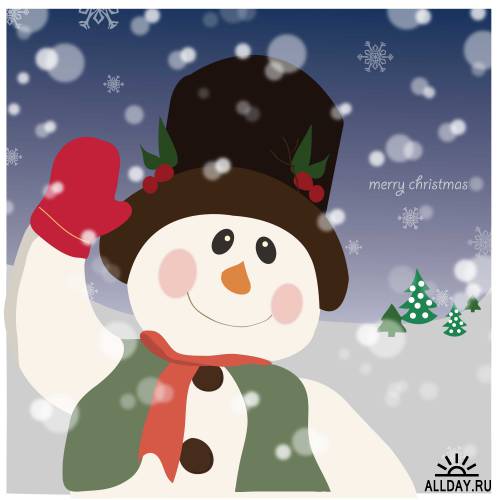 Снеговики и снежинки \ Stock: Vector Christmas Background with a Small Snowman