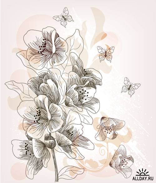Hand drawn bouquet with butterflies