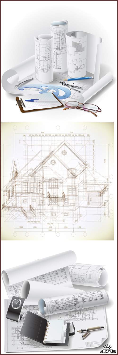 Архитектурный фон с рулонами чертежей, 3D модельями зданий, часть архитектурного проекта - Векторный клипарт