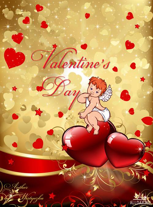 PSD Исходники на день Святого Валентина - Сердечки, валентинки, розы и маленький ангелочек