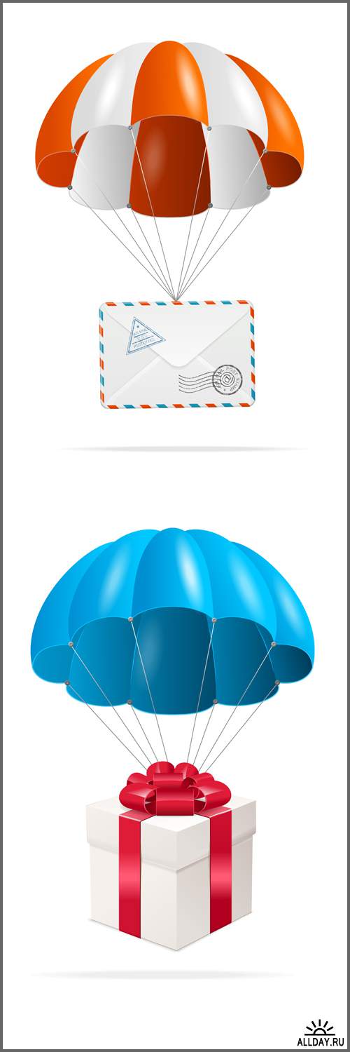 Воздушная и парашютная доставка. Векторное изображение картонных коробок. Доставка почты - векторный клипарт