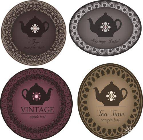Stock Vector: Labels with teapot | Этикетки с чайными чашками