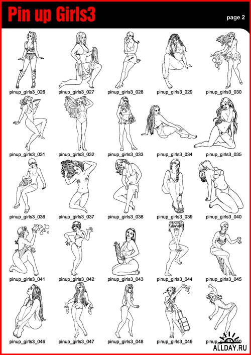 Vector Clipart 3 Pin Up Girls BW